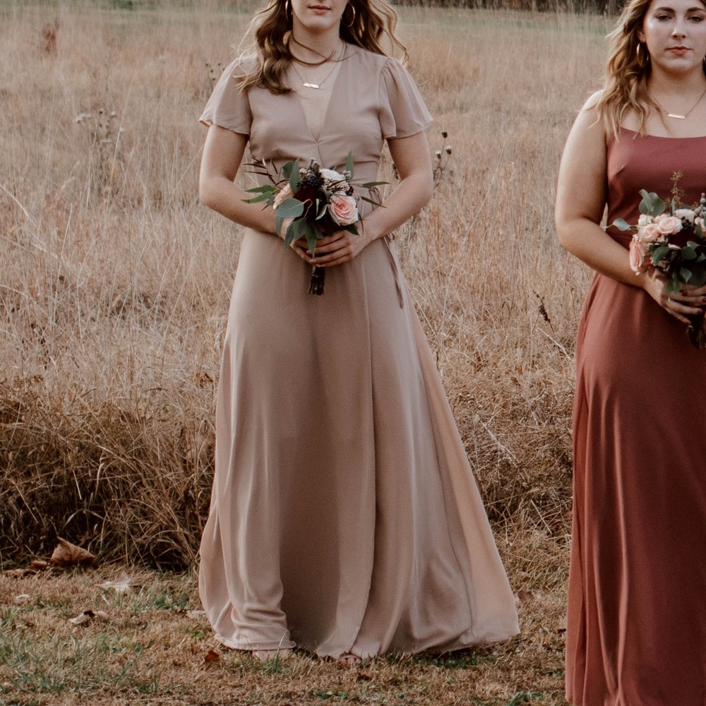 Tobi wrap bridesmaids dress | floor length tan | size M